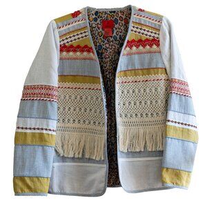 V Cristina Bohemian Patchwork Jacket Hippie 60s Boho Linen Fringe Western Coat